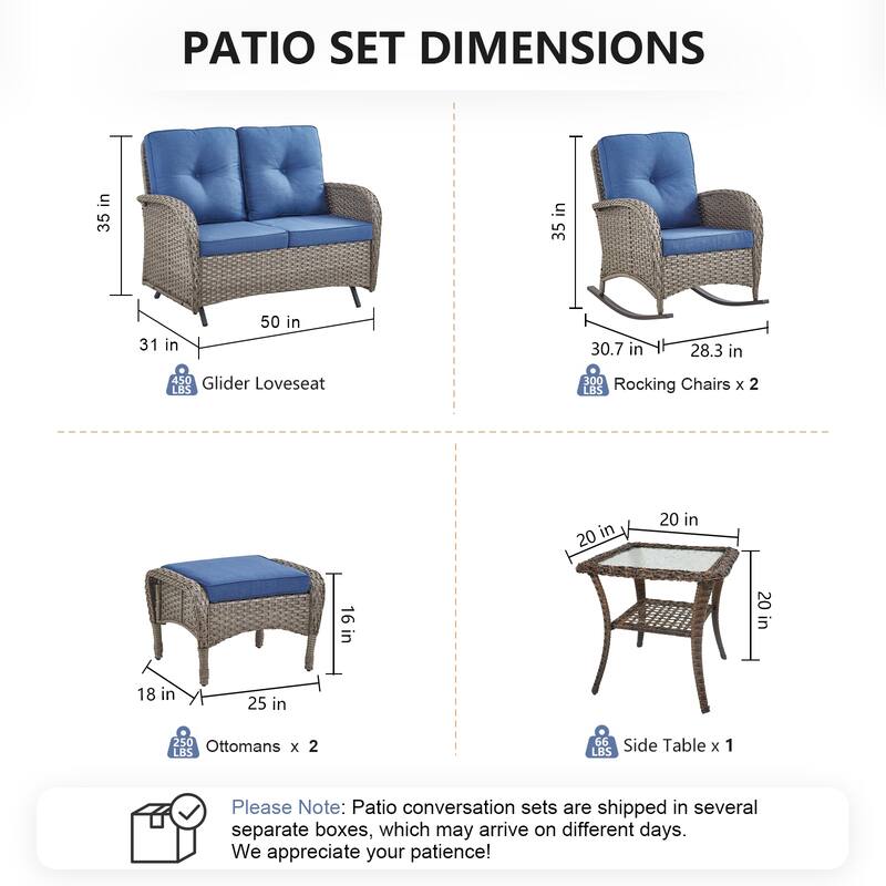 Pocassy 6 Pieces Glider Sofa with Rocker Chairs Ottomans Table
