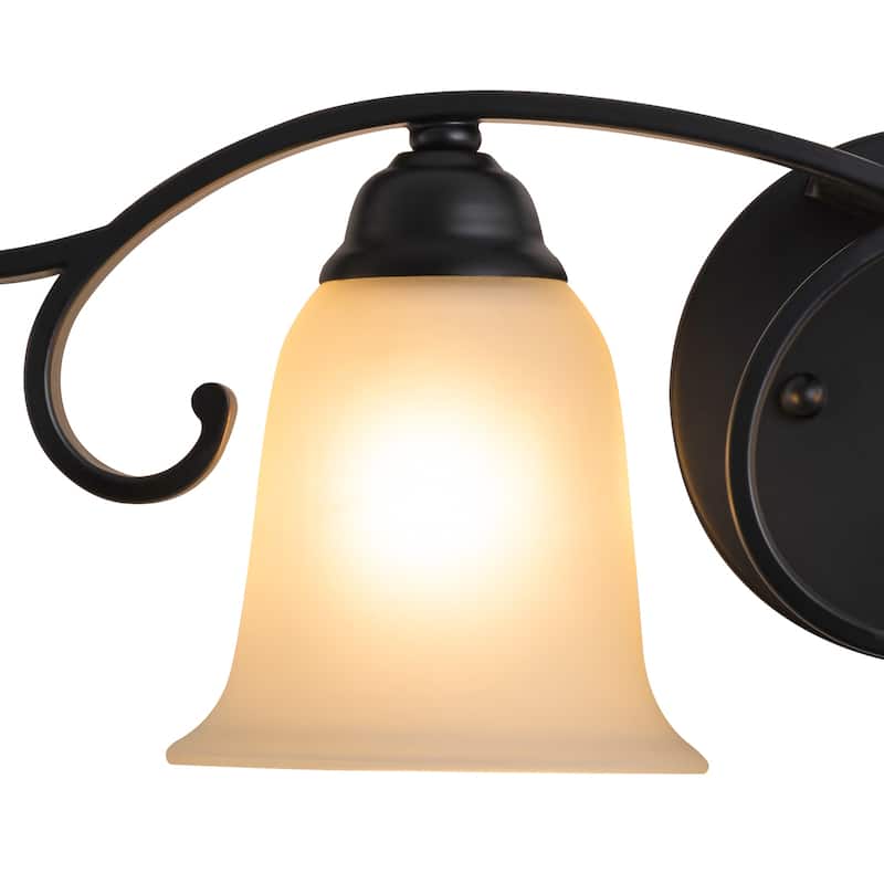 2-Light Black Scrollwork Metal Wall Sconce Frosted Bell Shade