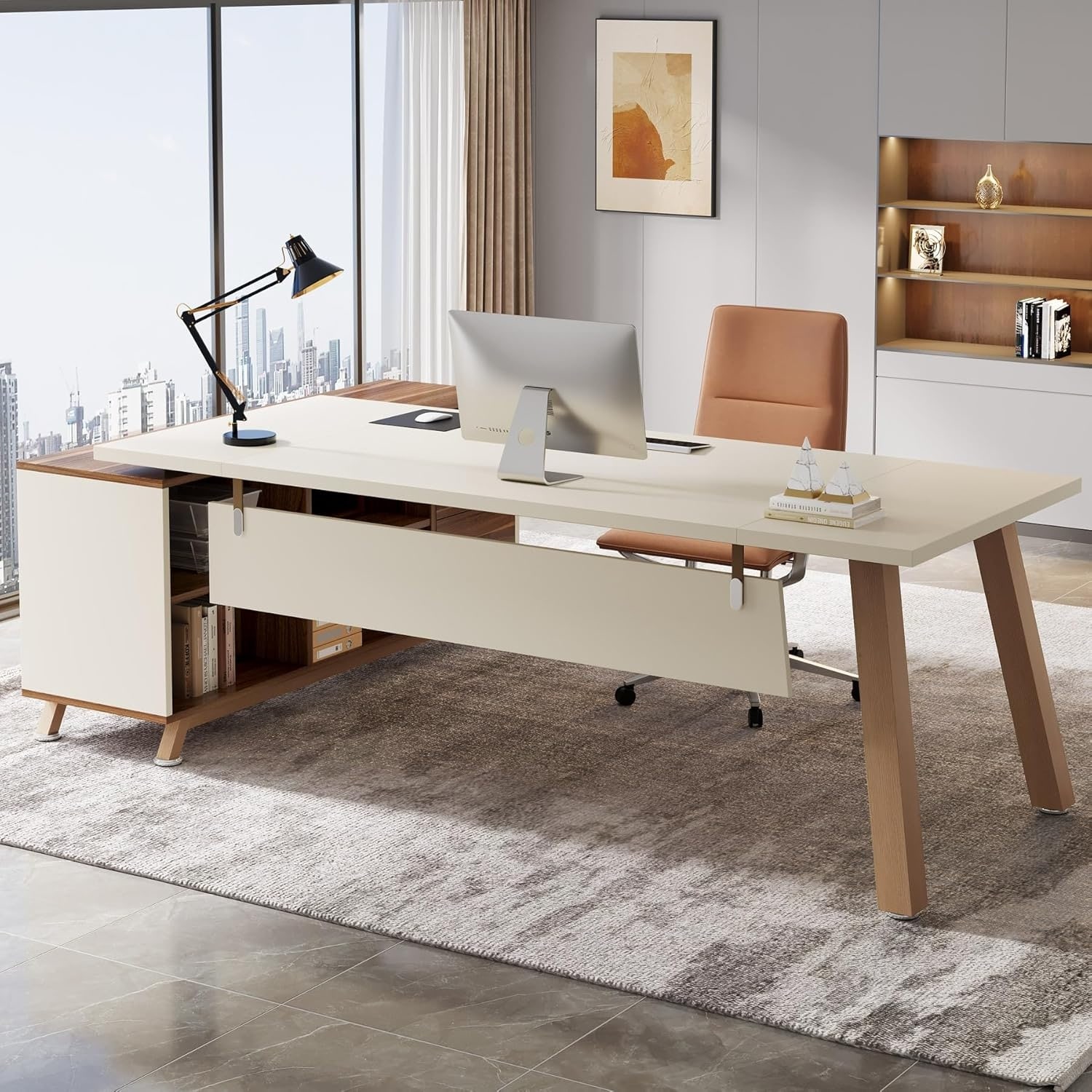 L-Shaped Desk with 55-Inch Cabinet - Overstock - 41495633
