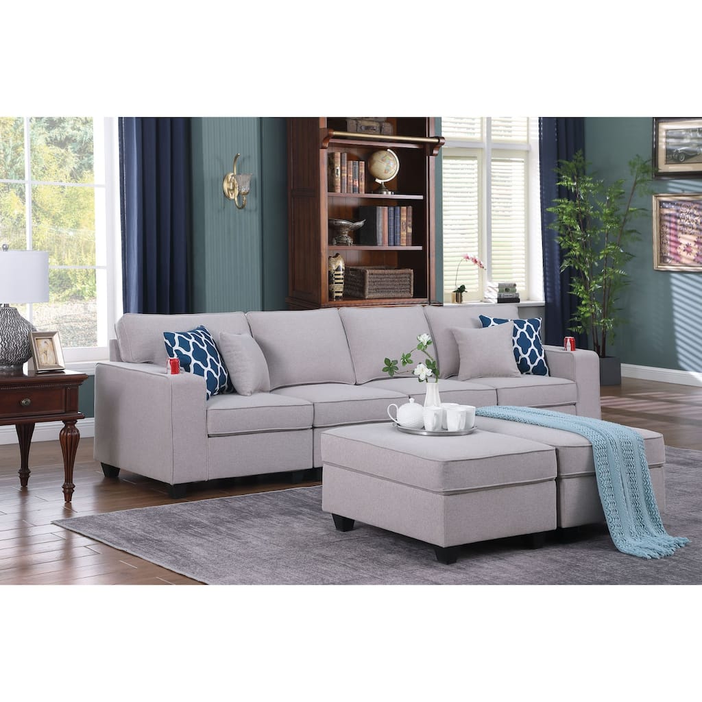Linen Upholstered 4-Seater Sofa with 2 Ottomans in in Light Gray