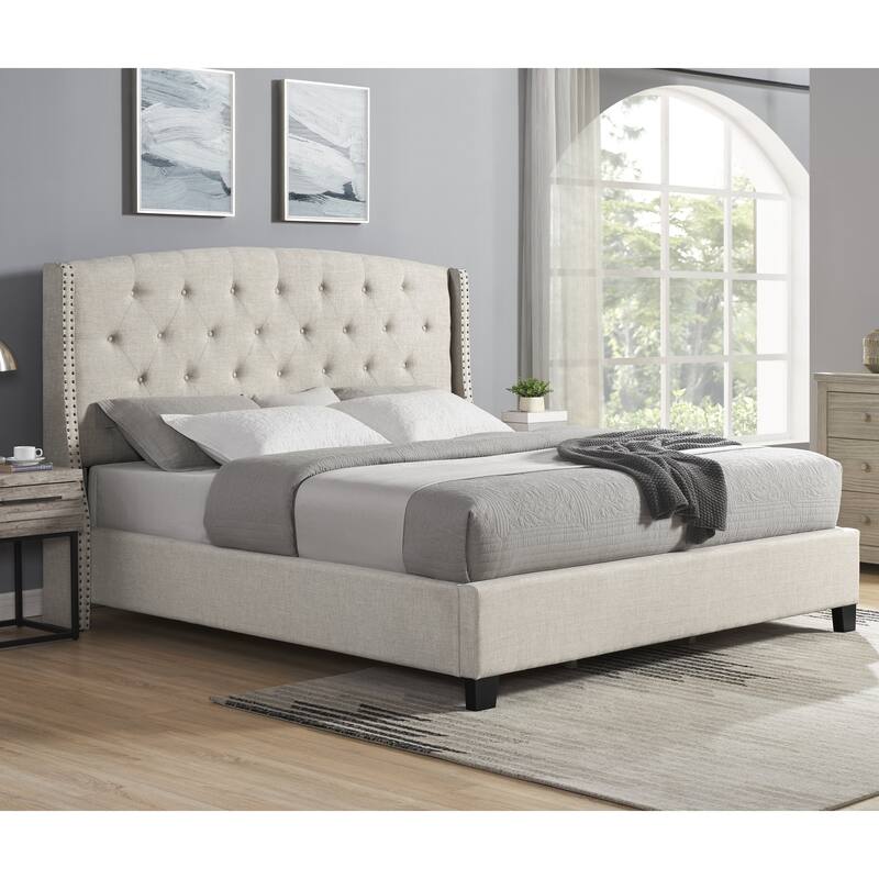 Beige Upholstered Polyester Bed with Tufted Wingback - Beige