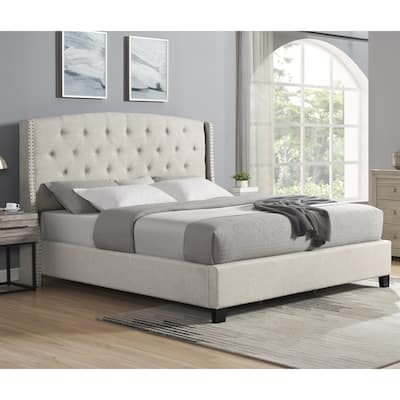Beige Upholstered Polyester Bed with Tufted Wingback