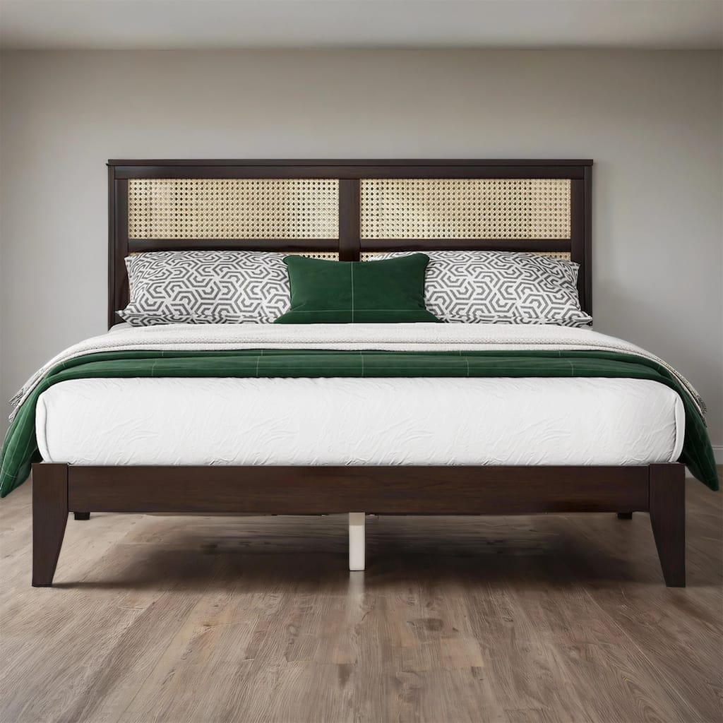 Queen Size Solid Wood Platform Bed with Rattan Headboard, Support Feet