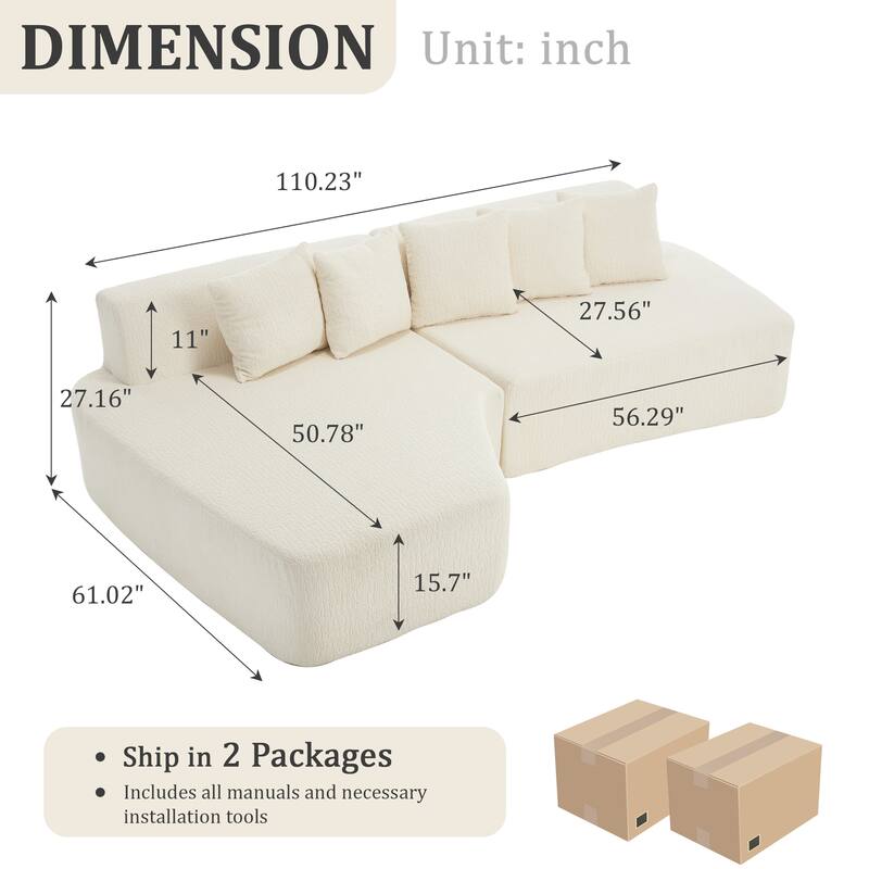 Irregular L-Shaped Modular Sectional Sofa with Chaise Lounge, Comfy Corduroy Deep Seat Cloud Couch, 3 Seat Sofa with 5 Pillows