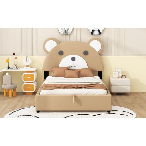 slide 2 of 6, Upholstery Platform Bed Frame with Cute Bear Shaped Headboard and Two Storage Drawers Full