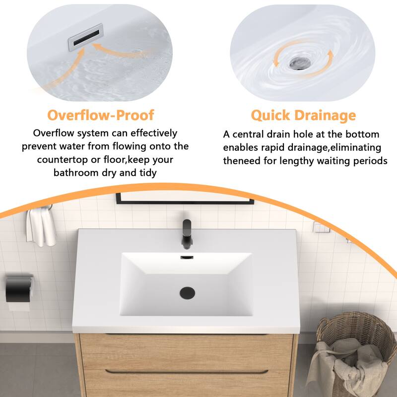 36" in. W x 26" in. D Modern Rectangular Integrated Resin Bathroom Sink Vanity Top One-Piece Design