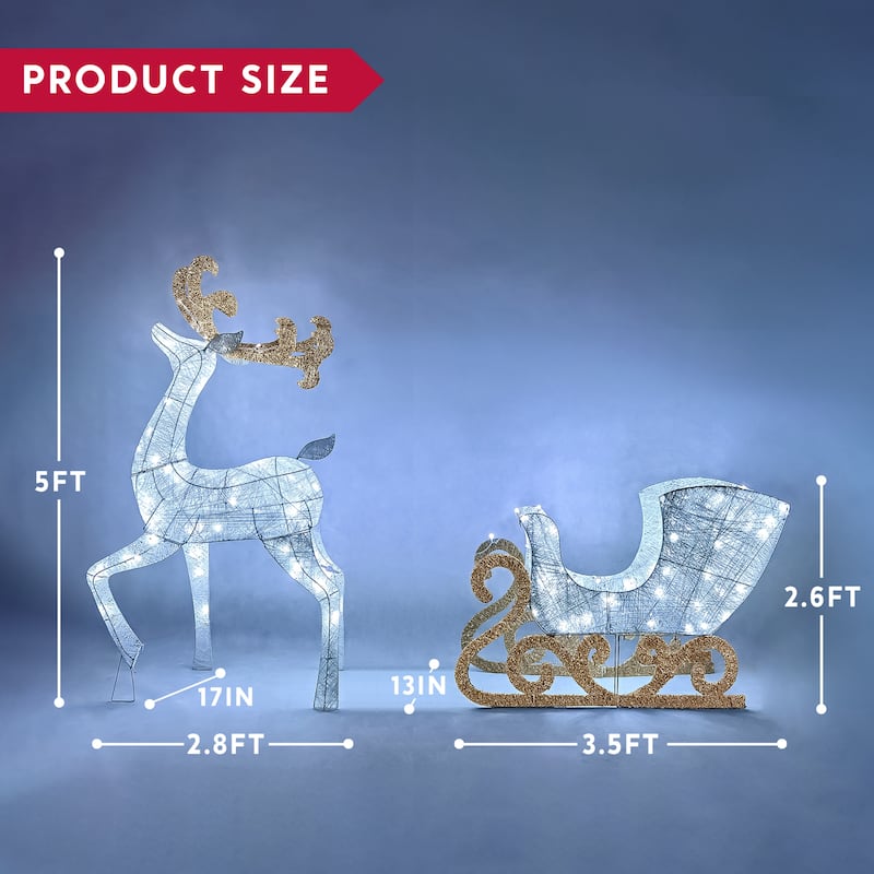 Joyfy Reindeer and Sleigh Christmas Decoration, 180 LED Lighted Outdoor Xmas Decor - White, Gold