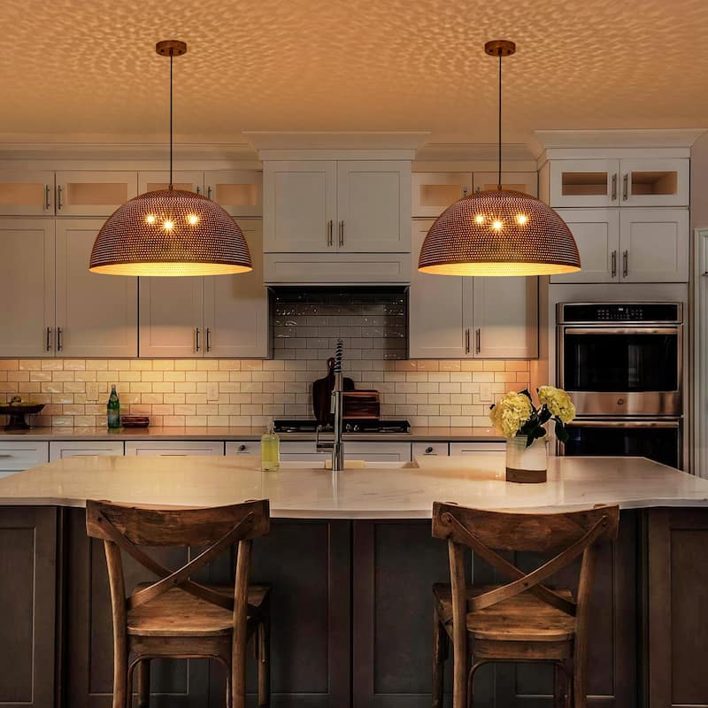 Rennnsan 3-Light Gold/Black Perforated Gold/Black Dome Pendant Light for Kitchen Island Dining Room
