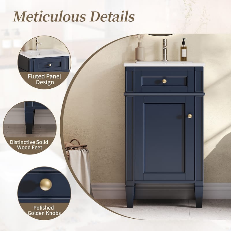 18" Freestanding Single Bathroom Vanity with Ceramic Sink, French Style Cabinet with Soft Close Door