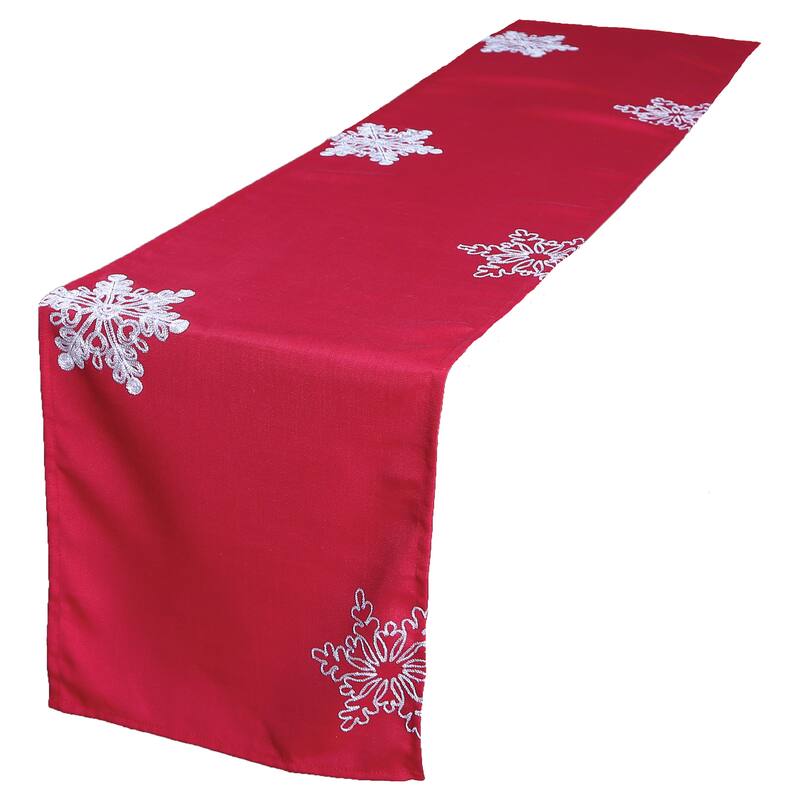 Christmas Red Table Runner Embroidered With White Snowflakes, 15 by 90-Inch