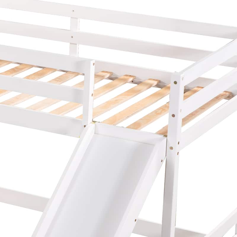 L-Shaped Full and Twin Bunk Bed with Slide, Durable Pine Frame, White
