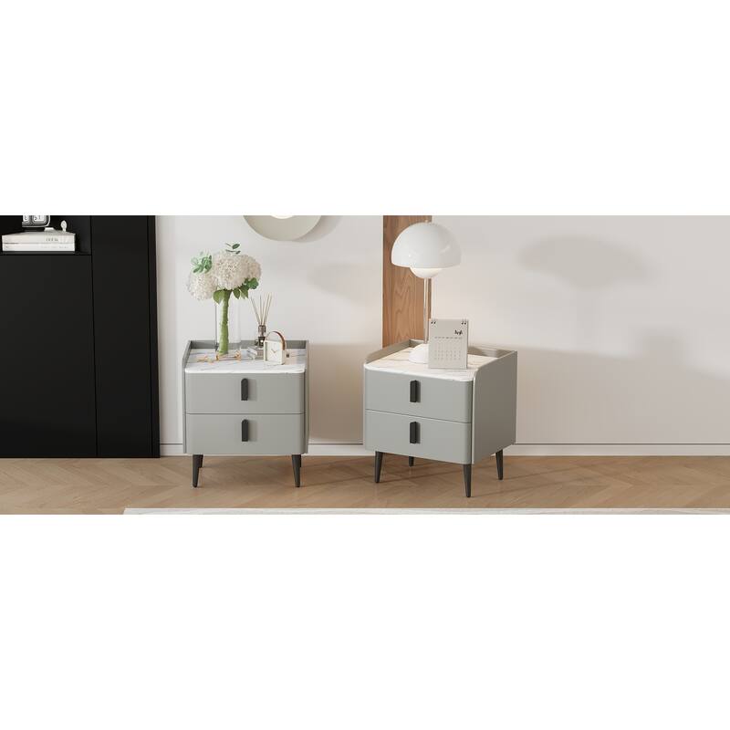 Nightstands Set of 2: 2-Drawer Marble-Pattern Top Modern Bedside/End Table - Gray