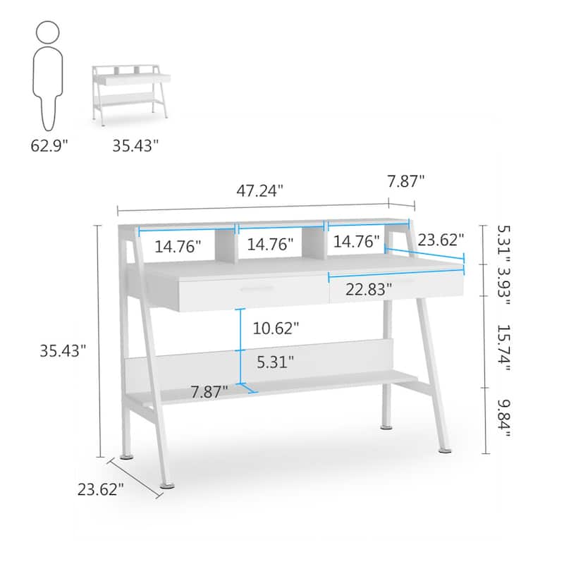 47 inch Computer Desk with Drawers, Office Writing Desk with Shelves