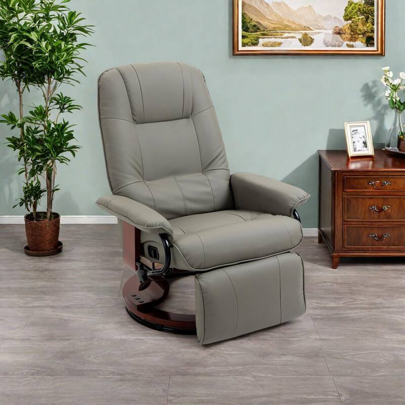 Faux Leather Manual Swivel Recliner Chair with Footrest, Armrest and Wrapped Wood Base - Gray