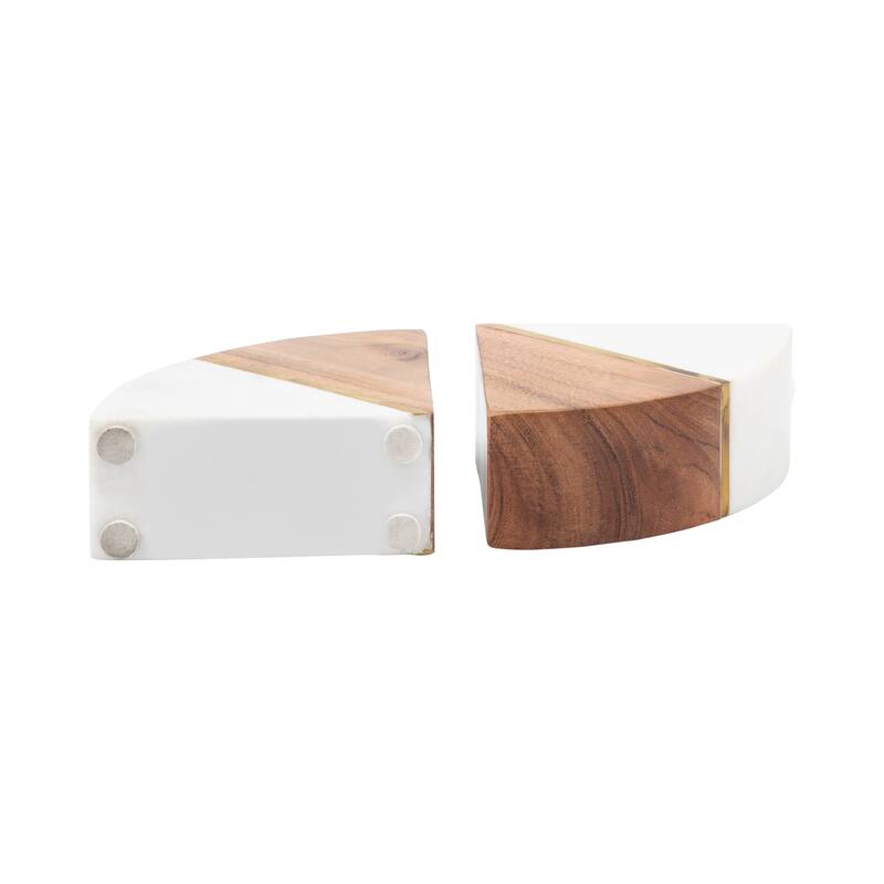 Decorative Wood and Marble Bookends - 5", White & Brown - 4.5"