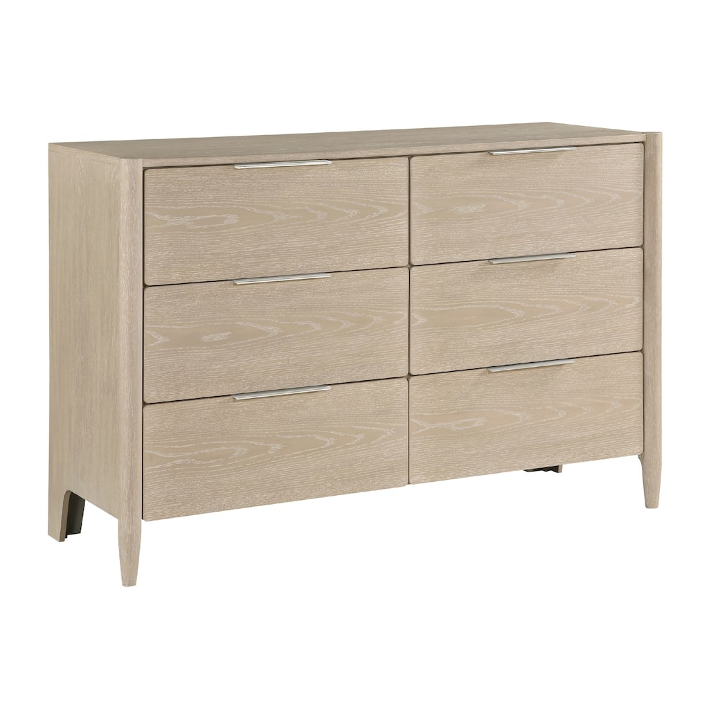 Maty Dresser, 58 Inch, 6 Drawers, Light Oak Brown Ceruse, Nickel Pulls