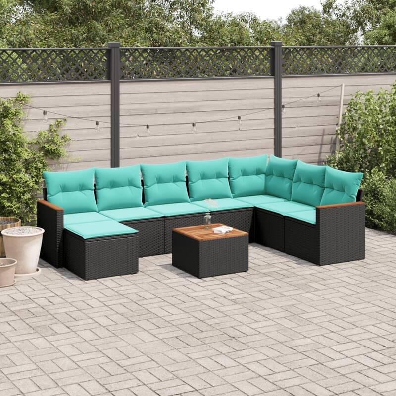 vidaXL Patio Sofa Set with Cushions Outdoor Conversation Furniture Poly Rattan - 24.4x 24.4x 27.2 - Black-With table