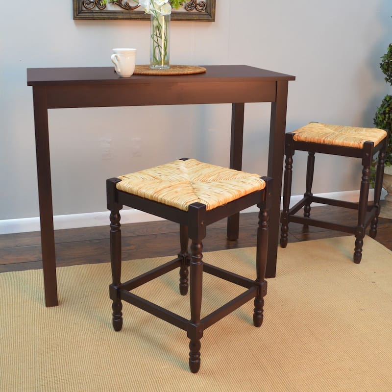 24" Espresso Brown and Beige Counter Stool with Hand Woven Rush Seat