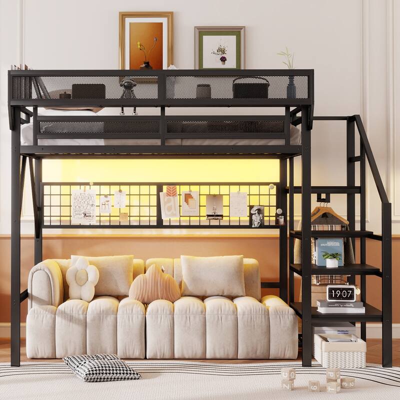 Queen/Full Loft Bed with Stairs, Storage & Wardrobe, Metal High Loft Bed with Lighting - Black - Full