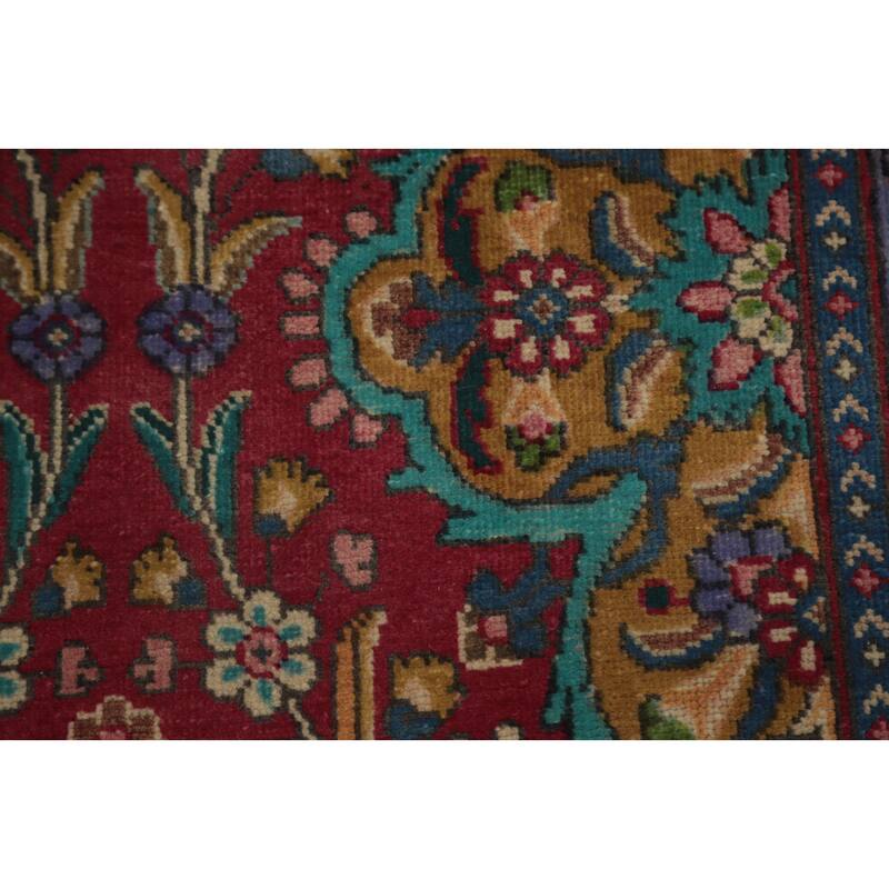 Hand Knotted Oriental 100% Wool Carpet Traditional Floral Red Tabriz Runner Rug - 11' 1'' X 3' 1''