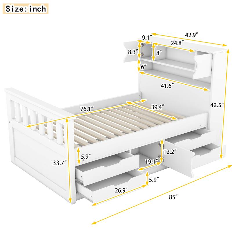 Twin Size Platform Bed Frame with Storage, Bookcase Headboard, Four Drawers, White