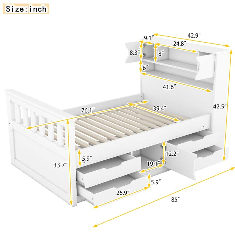 Twin Size Platform Bed with 4 Drawers, Bookcase Headboard, and Storage Shelves, Space-Saving Design, Sturdy and Quiet Frame
