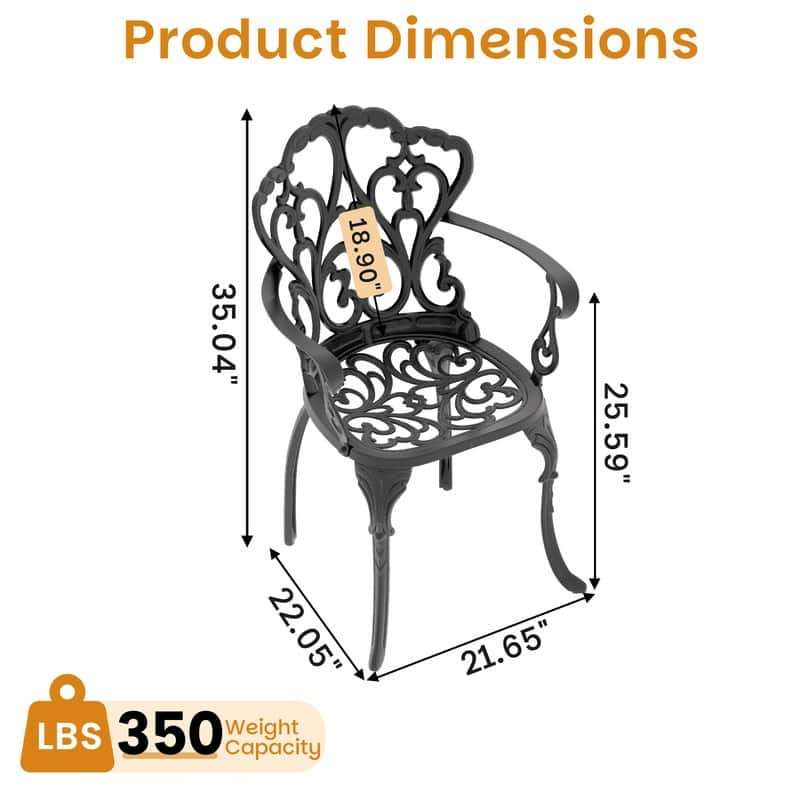 Black Cast Aluminum Patio Outdoor Dining Chairs with Off-White Seat Cushions (Set of 2)