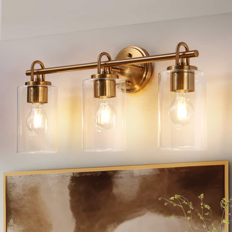Modern Gold 3-Light Bathroom Vanity Light Cylinder Glass Wall sconces - L 23" x W 10.8" x H 6.5"