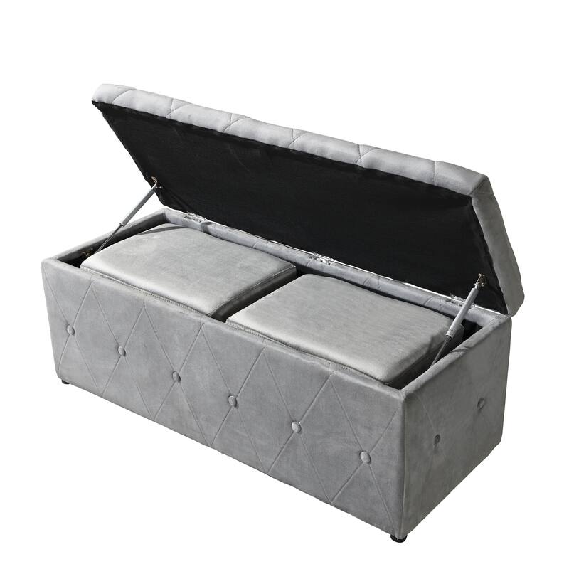 1 Piece Rectangular Storage Ottoman Short Velvet with 2 Set Ottomans - Light Grey