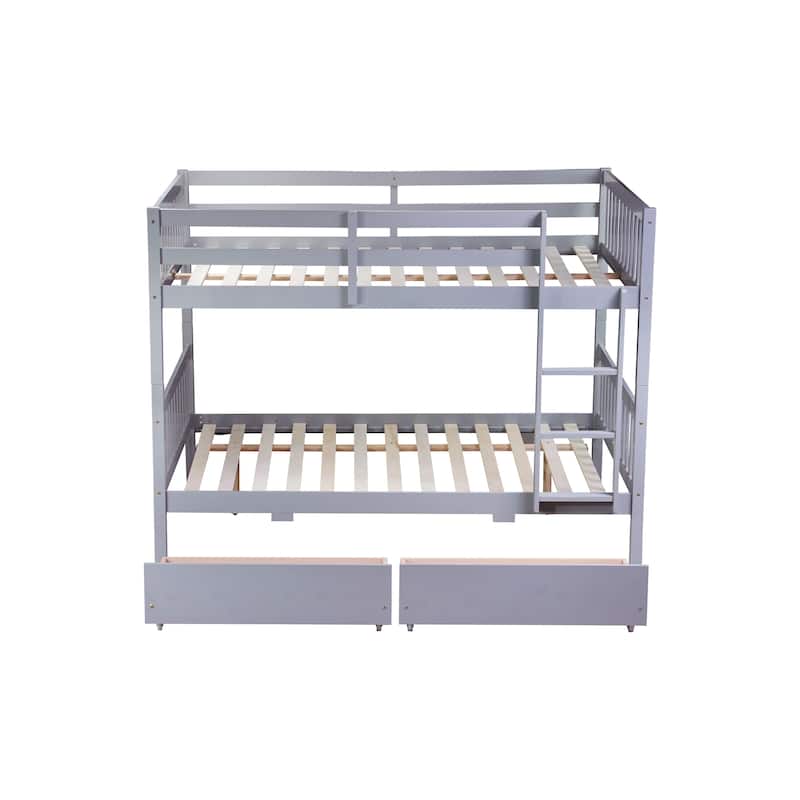 Full Over full Rubber Wood Bunk Bed with 2 Drawers, into 2 full Beds, full Size Bunk Bed with Ladder and Safety Guardrails