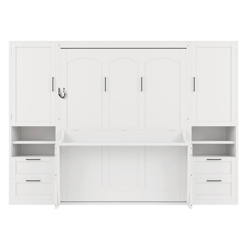 Queen Size Murphy Bed Wall Bed with 2 Wardrobes and 4 Storage Drawers, Foldable Murphy Cabinet Bed w/Open Storage Shelves& Stool