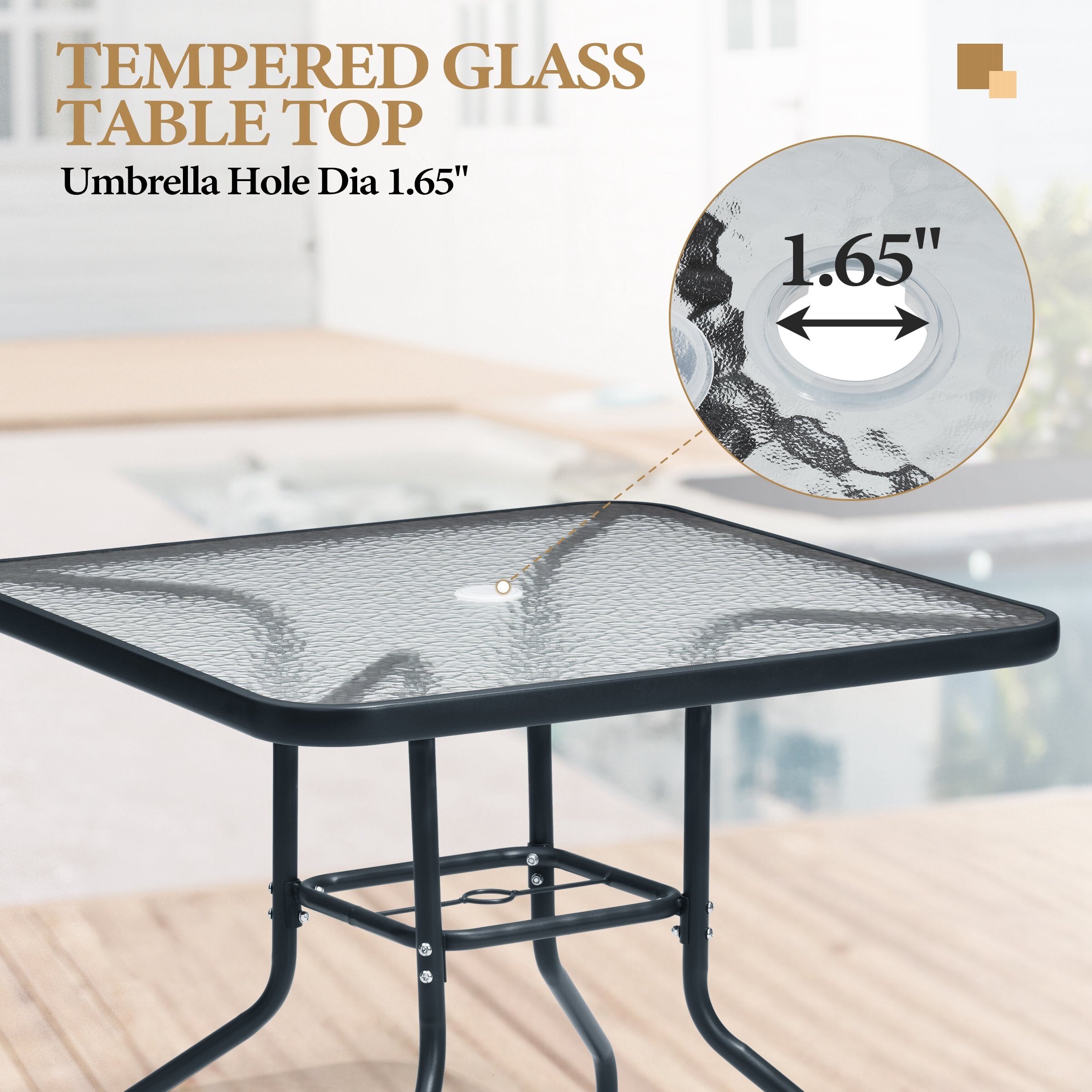 Outdoor 5-piece Patio Dining Set Folding Chairs and Glass Table with Umbrella Hole - See the specifications