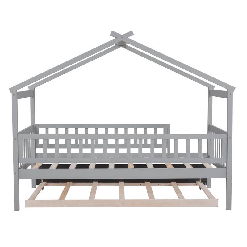 Twin Pine House Bed with Trundle, Guardrail & Roof