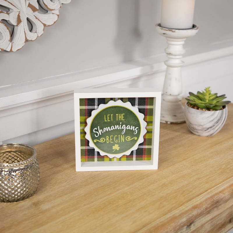 Let the Shenanigans Begin St. Patrick's Day Framed Wall Sign - 6" - Green Plaid
