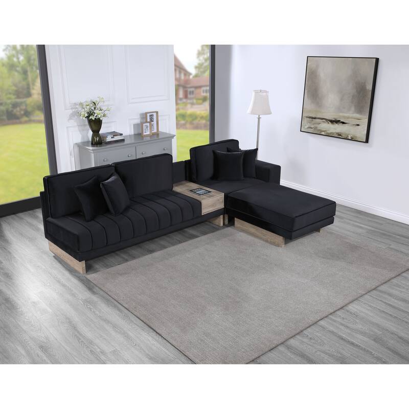 122.5"W Black Velvet Reversible Sofa Ottoman with Storage, USB & Charging, 4 Pillows