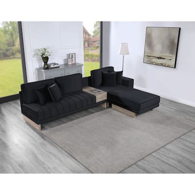122.5"W Black Velvet Reversible Sofa Ottoman with Storage, USB & Charging, 4 Pillows