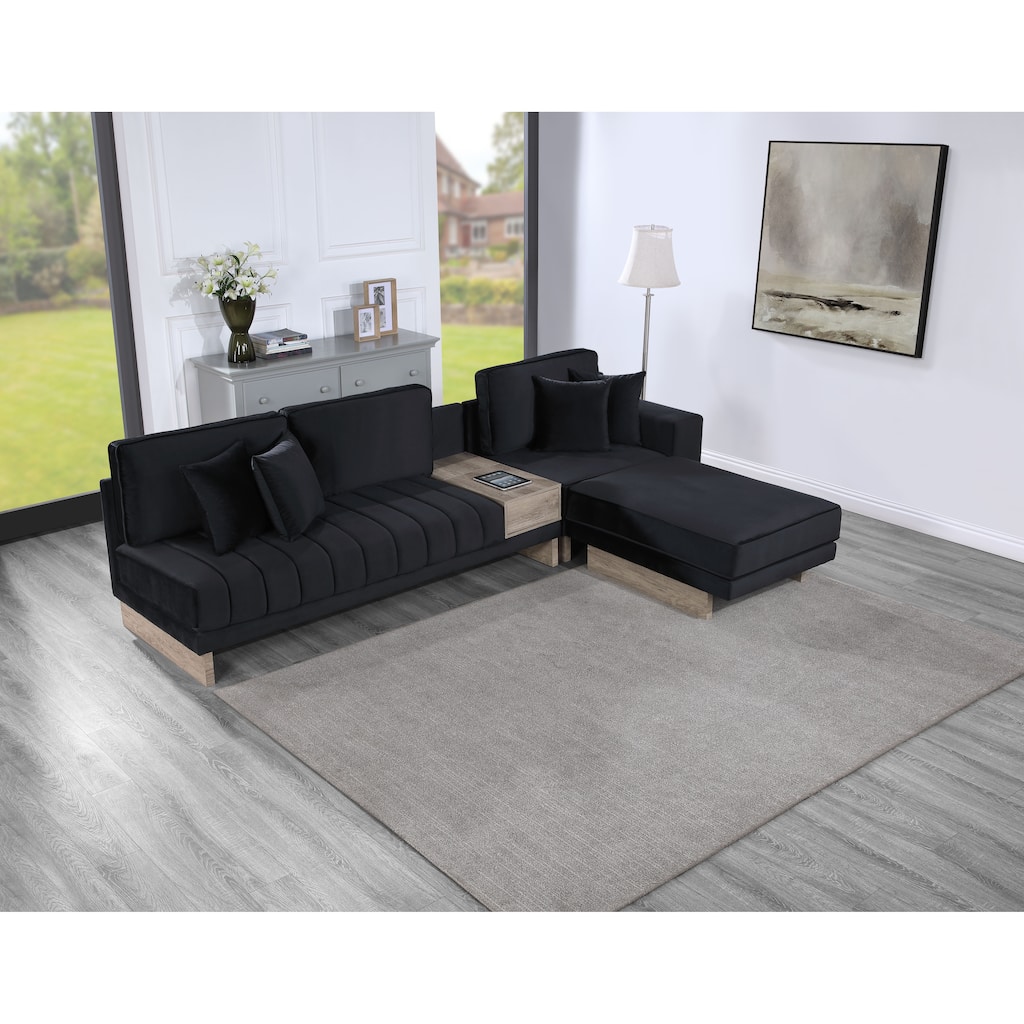 122.5"W Black Velvet Reversible Sofa Ottoman with Storage, USB & Charging, 4 Pillows