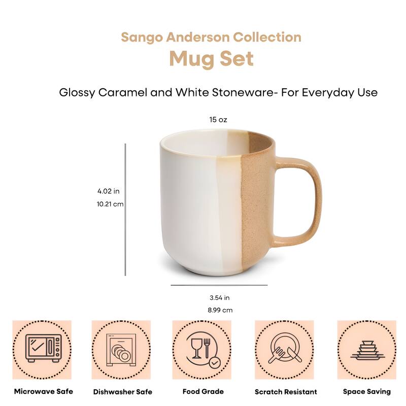 Sango Phoebe Caramel/White Coffee Mugs Set of 4, 15 oz Ceramic Cups