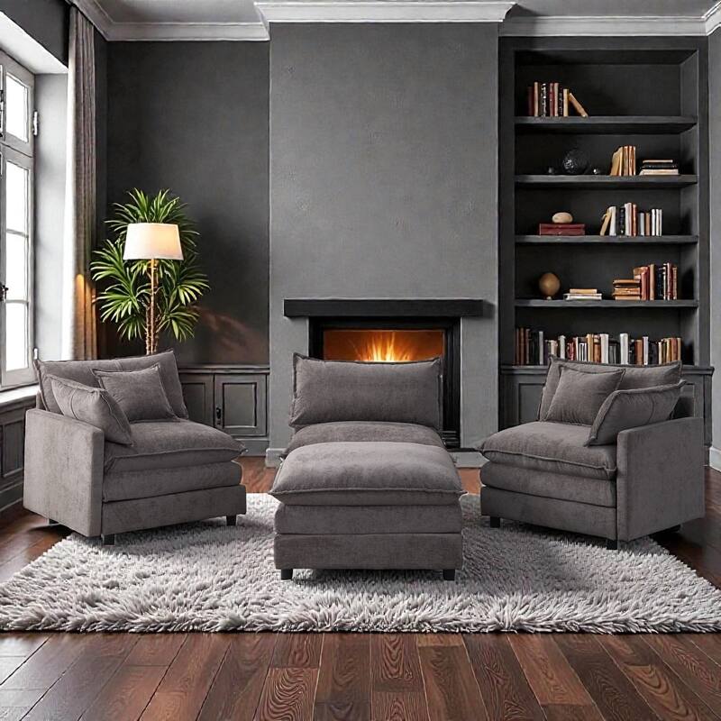 105" L-Shaped Modular Sectional Sofa with Ottoman, Soft Chenille Upholstery, 3-Seater Couch