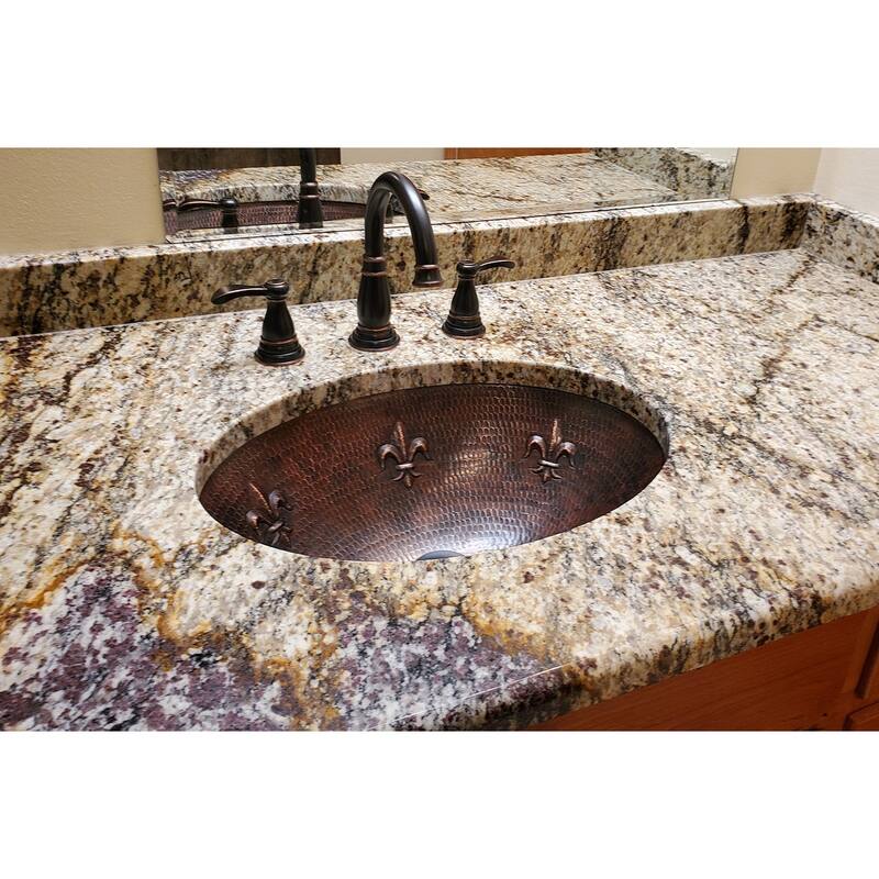 19-in Oval Fleur De Lis Under Counter Hammered Copper Bathroom Sink (LO19FFLDB)