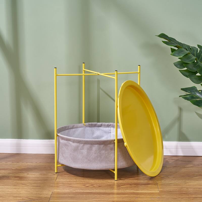 VECELO Small Round Side Table with Removable Tray & Fabric Storage Bin Easy 5-Min Assembly for Living Room Bedroom