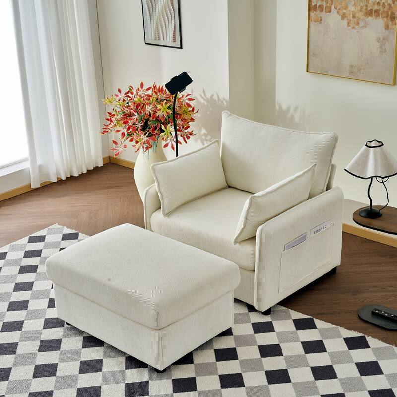 55" Oversized Chaise Lounge Chair Indoor with Ottoman and Storage , Comfy Corduroy Single Sofa