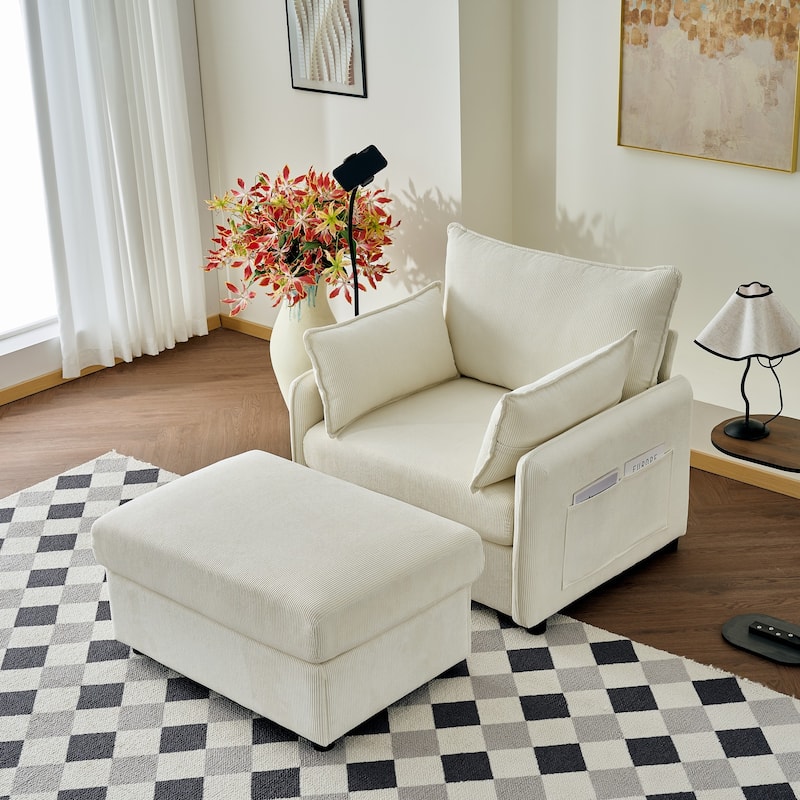 Roomfitters Modern Upholstered Chaise Lounge Chair with Ottoman, Comfy Oversized Armchair with Storage Side Pocket, Beige