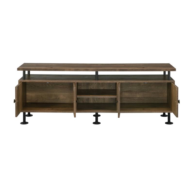 2-Shelf Oak and Black TV Stand with 4 Open Compartments, Industrial Water Pipe Style for TVs up to 60"