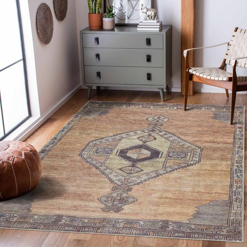 Hauteloom AUY Collection Machine Washable Persian Medallion Area Rug - 7'6" x 9'6" - Brown, Camel, Dark Brown / Medinah