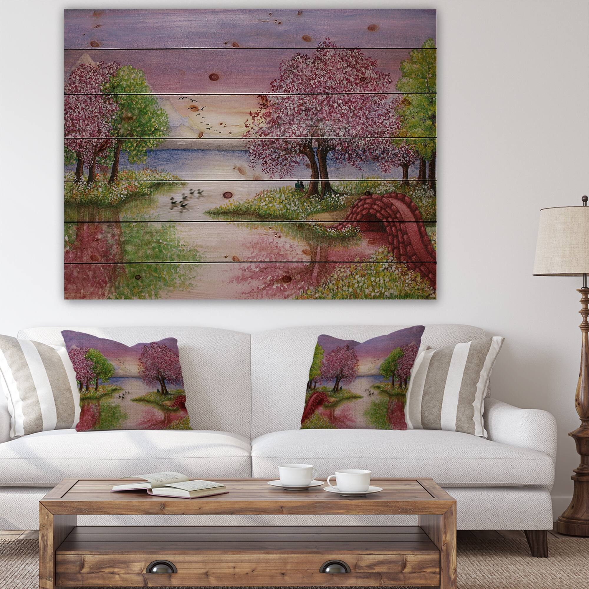 Designart 'Romantic Lake in Pink and Green' Landscape Print on Natural