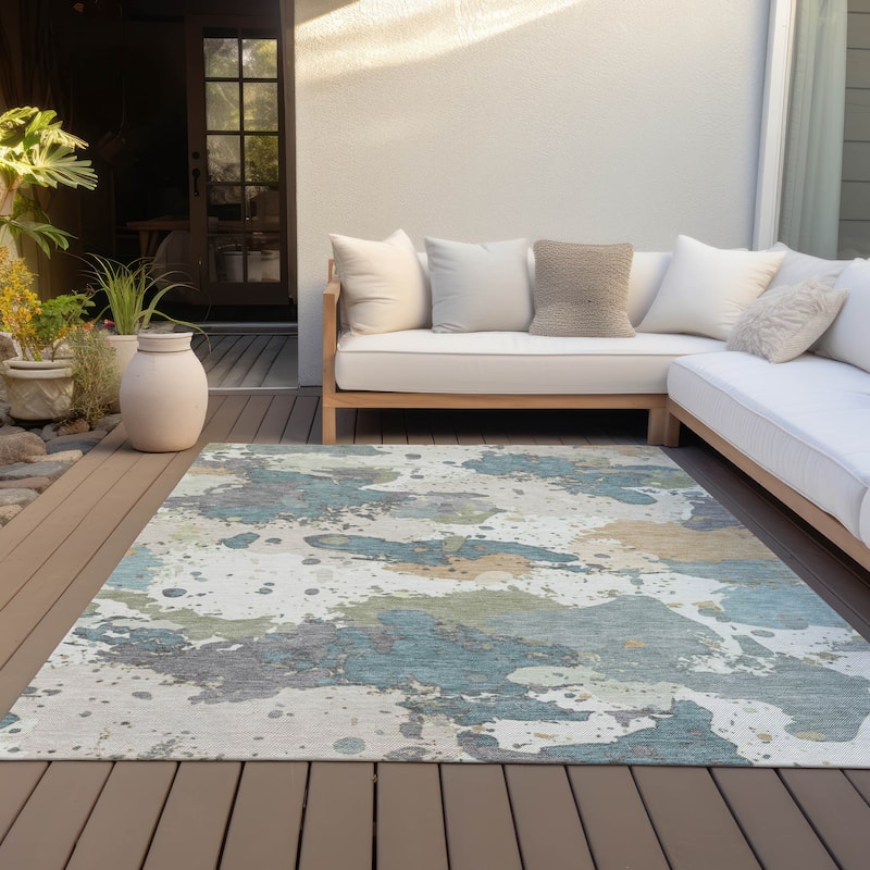 Machine Washable Indoor/Outdoor Modern Splatter Chantille Rug - Seafoam - 3' x 5'