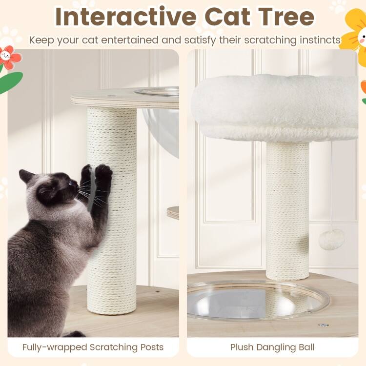 Natural Wooden Cat Tree Tower with Condo Perch Space Capsule and Scratching Posts 52 Inch