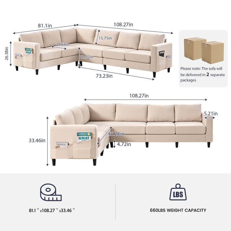Mixoy 108" Linen Oversized Modular Sectional Sofa,L-Shaped Sectional Sofas with Side Pocket,Large 6 Seater Corner Sofa