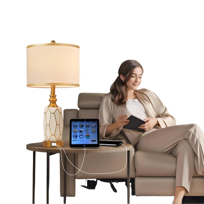 Modern Ceramic Table Lamp with USB Port, Fabric Drum Shade